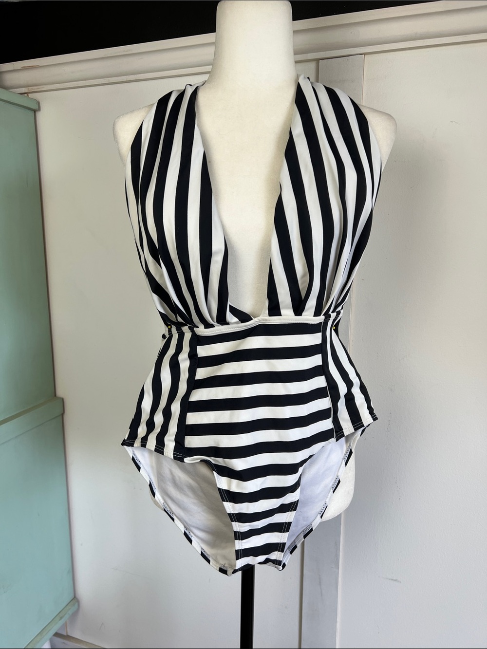 Spooky beach babe Black & White Striped Daring One-Piece Swimsuit